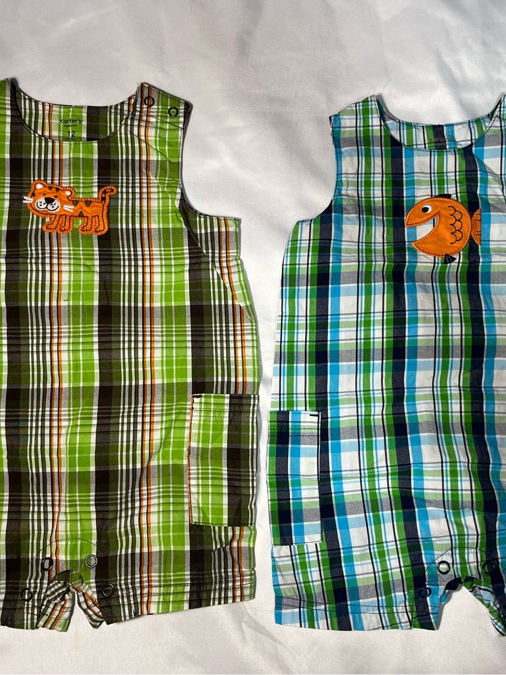 Lot of 2 Vintage Baby Boy Rompers 12M Carter’s Lion Fish Plaid